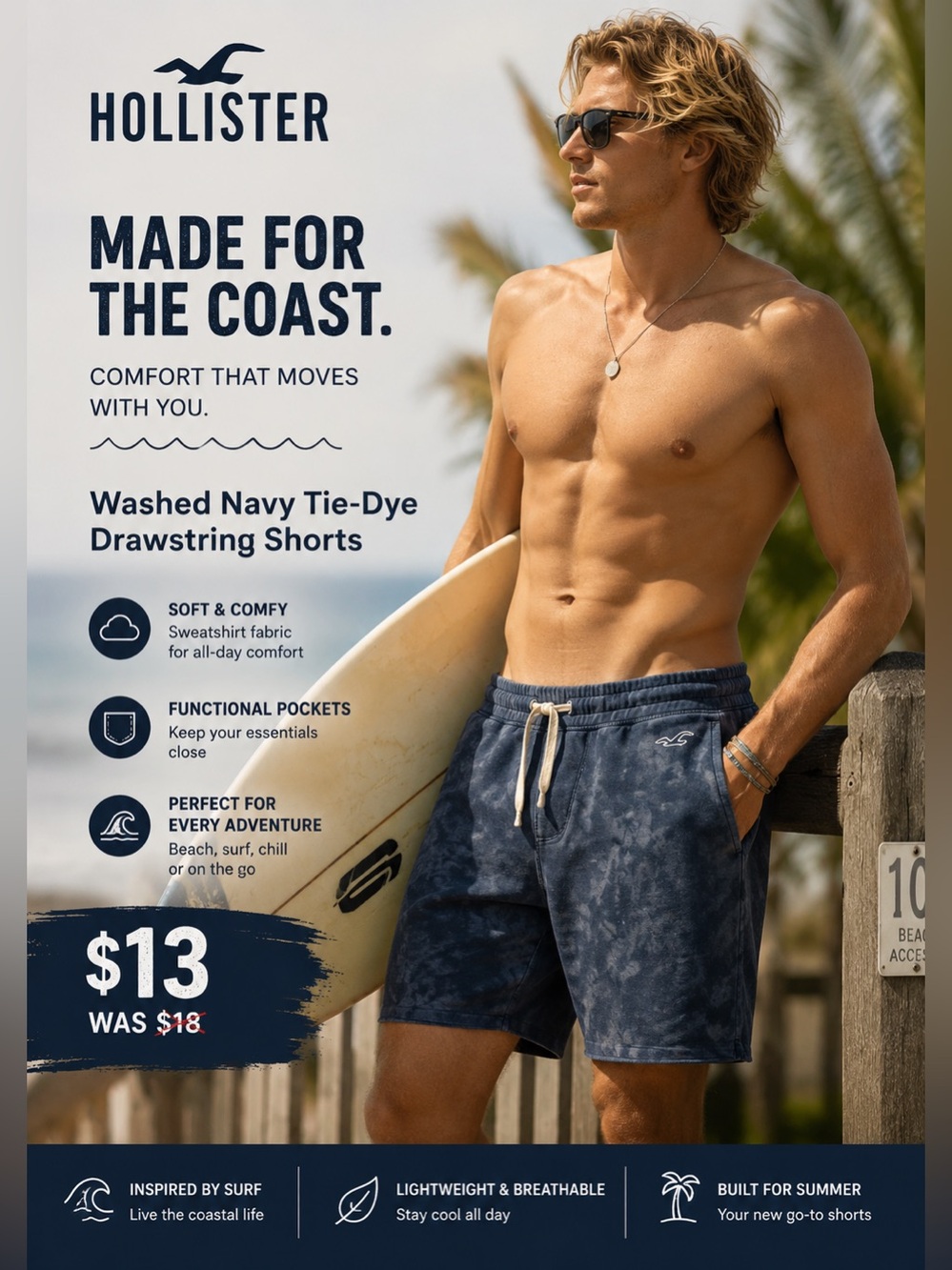 Hollister Washed Navy Tie-Dye Drawstring Shorts w pockets sweatshirt fabric